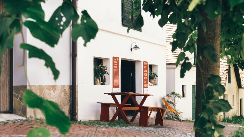 Falkenstein wine cellar lane, © Niederösterreich Werbung / Franziska Reichl A cozy wine cellar in the Falkenstein wine cellar lane with wooden table and plants.