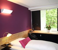 Room, © College Garden Hotel Modern furnished room with purple wall, bed, desk and window with a view of the greenery.