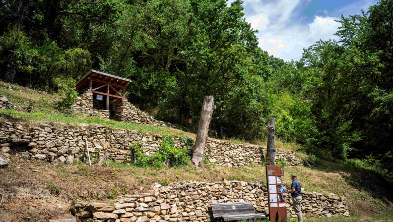 Stone walls on the Rindfleischberg, © Robert Herbst Stone walls and information board in a wooded area.