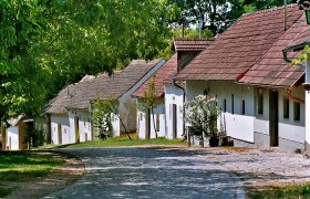 Wine cellar lane Pillichsdorf, © Thomas Falch A cobbled street leads past a row of traditional white houses with red roofs, surrounded by green trees.