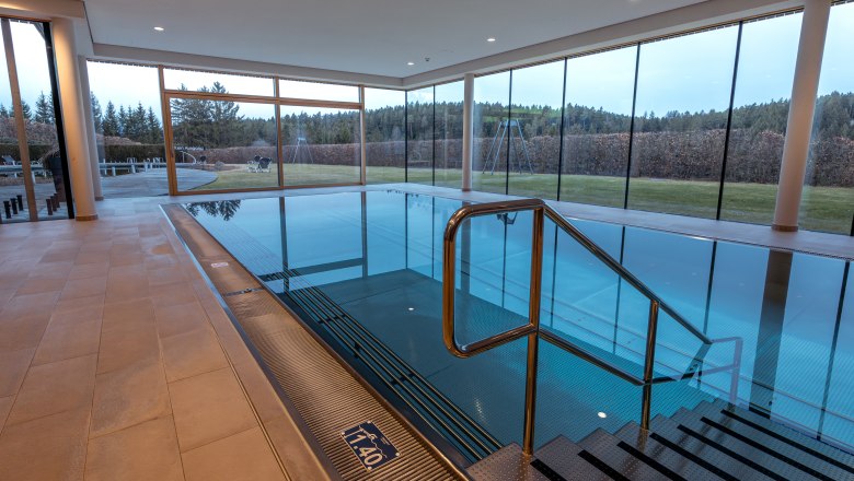 Hotel Schwarz Alm Zwettl, © Niederösterreich Werbung / Maximilian Pawlikowsky Interior view of a modern indoor pool with large windows and a view of nature.