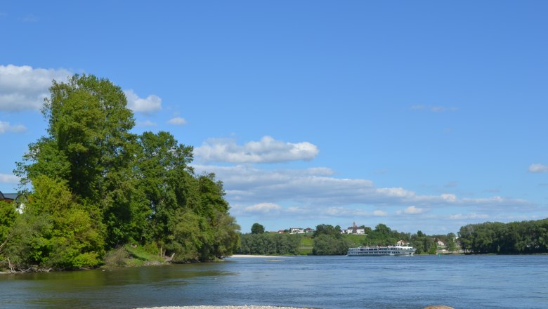 Danube in Hagsdorf, © Privatzimmer Leeb River landscape with trees and a ship on the Danube.