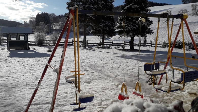 Garden of the Pension Hendling, © Josef Hendling Snow-covered playground with swings and trees in the background.
