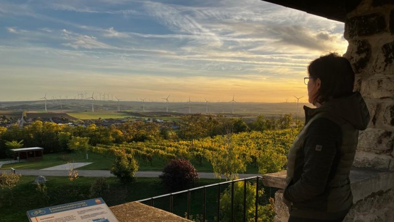 Observatory in Altlichtenwarth, © Andrea Wiesinger Person looking from a lookout point at a landscape with wind turbines at sunset.