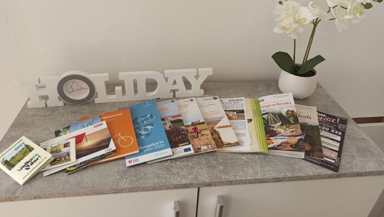 Brochure material for withdrawal, © Multimedia Lauda A table with brochures, "HOLIDAY" lettering and a white orchid in a pot.