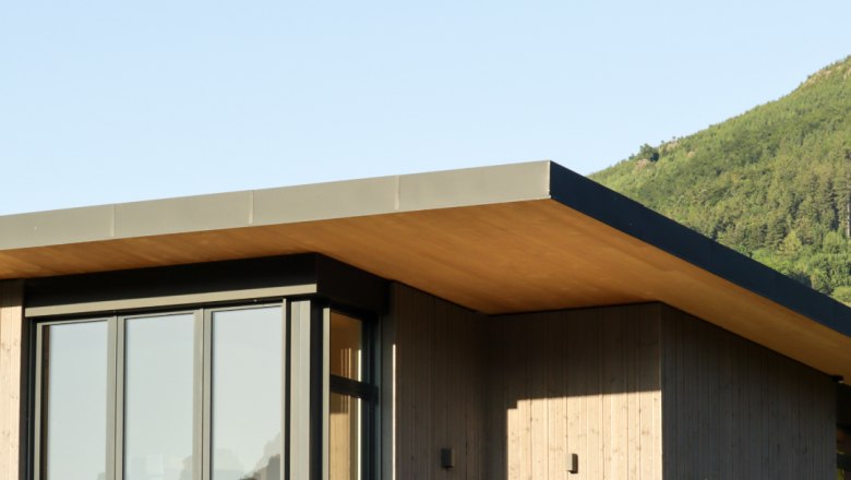 Lodge Libelle with a view of the Peilstein, © Familie Moser Modern lodge with flat roof and large windows, surrounded by green countryside.