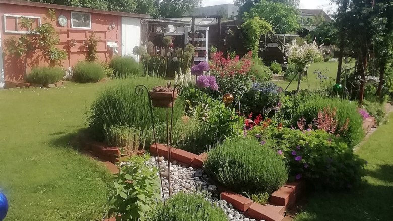 Perennial beds, © Susanne Bleier A well-tended garden with shrub beds, brick borders and flowering plants under a blue sky.