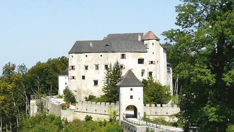Castle with tradition and style, © Burg Plankenstein Historic castle with a white façade and battlements, surrounded by trees.