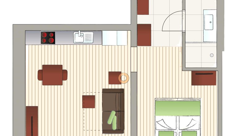 Floor plan Top 12, © Mattone GmbH Floor plan of a small apartment with living area, kitchen, bathroom and bedroom.
