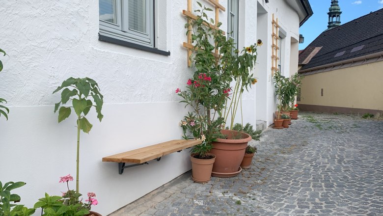 Exterior view, © kremsoase Paved path with potted plants in front of a white building.