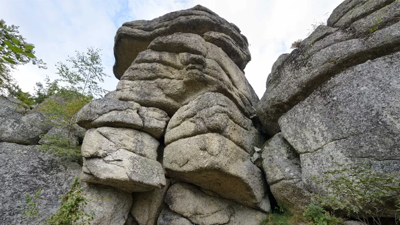 Wachstein in Bad Traunstein, © Matthias Schickhofer Large boulder with stratifications in Bad Traunstein, surrounded by trees and sky.