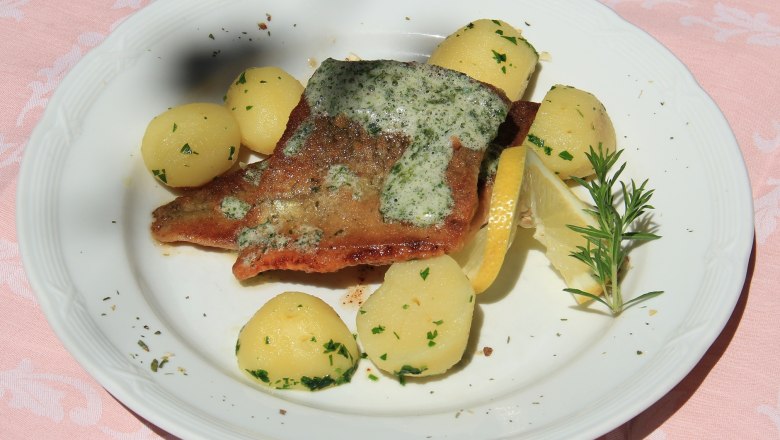Trout fillet, © Schendl A plate of fried trout fillet, potatoes, lemon slices and herbs on a pink tablecloth.