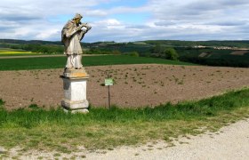 Nepomuk statue in Baierdorf, © Marktgemeinde Ravelsbach Statue of Nepomuk in a field in Baierdorf, surrounded by a green landscape and a cloudy sky.
