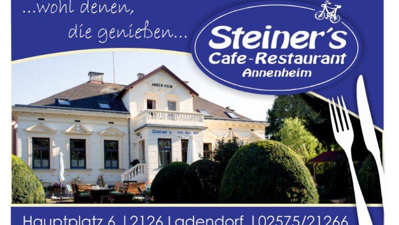 Steiner's - Annenheim Restaurant, © Fam. Steiner-Pohl Advertisement for Steiner's Cafe-Restaurant Annenheim with picture of the building and address.