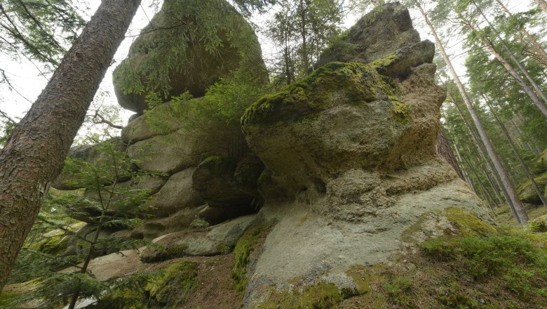 Glacier mill Flesengarten Lembach, © Matthias Schickhofer Large rock formation in the forest covered with moss.