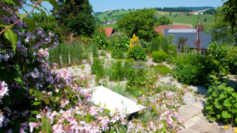 Bognerhof nursery, © Bognerhof A blooming garden with colorful flowers and green plants, hills and a house roof in the background.
