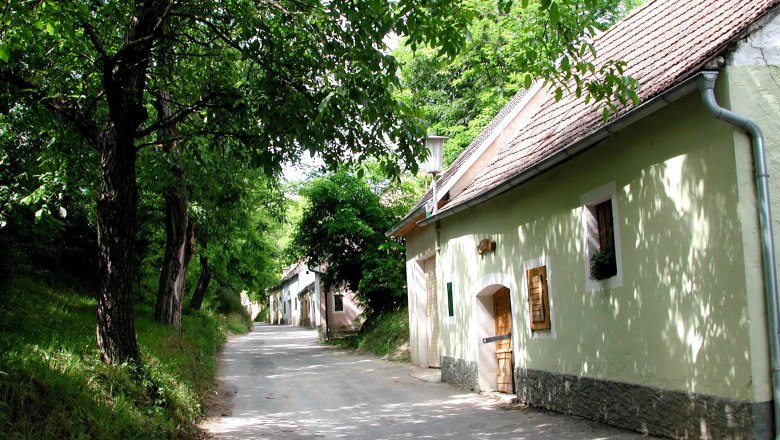 Wine cellar lane Johannesgasse, © Marktgemeinde Lengenfeld A narrow street in a wine cellar lane with trees and old buildings.