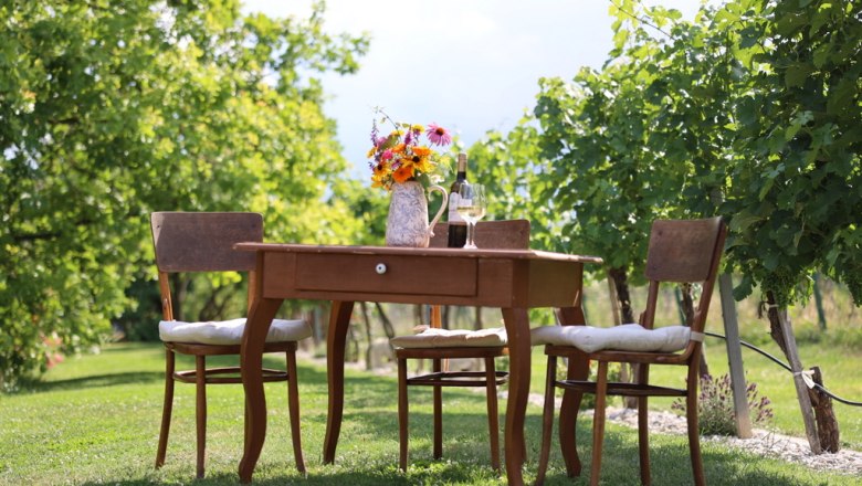 Make yourself comfortable, © Manuela Winkler A table with flowers and wine in a vineyard.