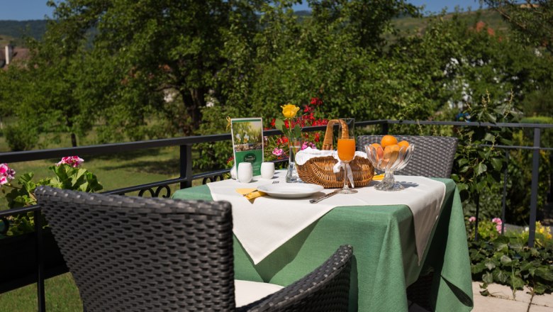Terrace, © Donauhof/ Marcel Musiol A table set on a terrace with a green tablecloth, juice, fruit and flowers, surrounded by green nature.
