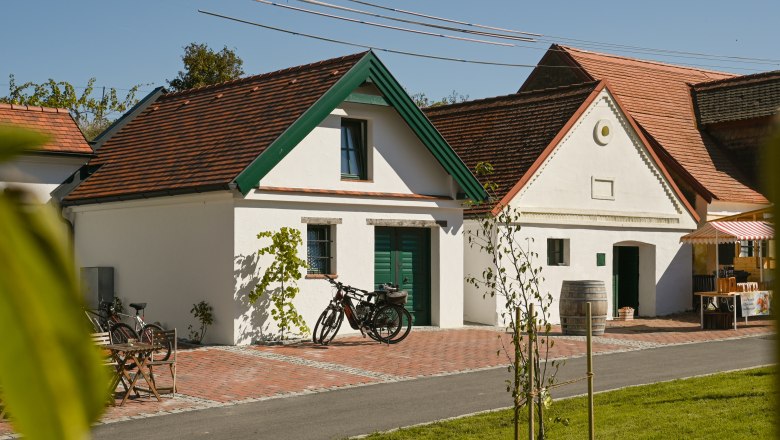 Cellar lane festival in Falkenstein, © Weinviertel Tourismus / Lisa Sedlatschek Wine cellar with bicycles and sales stand in sunny weather.