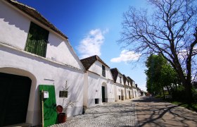 Wine cellar lane Zipf, © Weinstraße Weinviertel Wine cellar lane in Mailberg with white buildings and blue sky.
