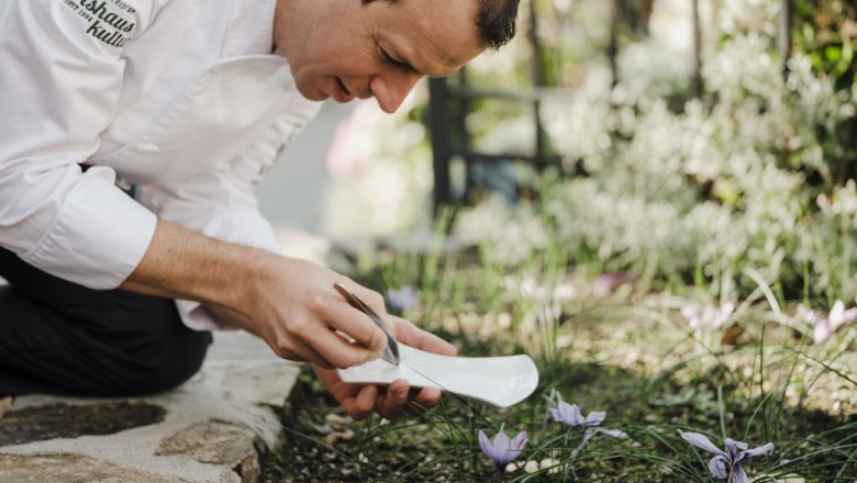 Landlord Roman Siebenhandl, © Niederösterreich Werbung/Michael Reidinger Chef Roman Siebenhandl kneels in the garden and harvests saffron with tweezers.