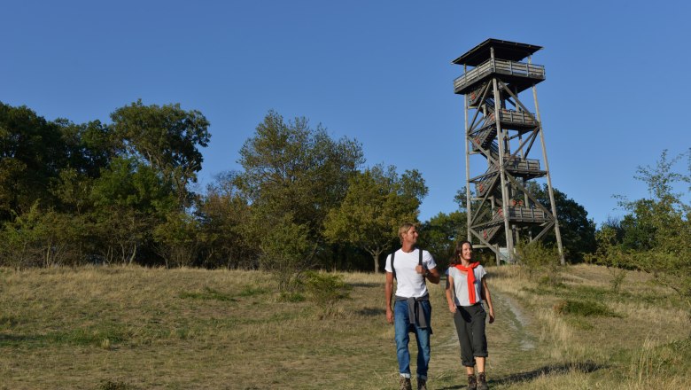 Königswarte mountain, © Donau Niederösterreich, Steve Haider Two hikers in front of a wooden observation tower in a meadow landscape.