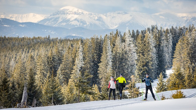 Change panorama trail, © Kirchberg_Fülop Three cross-country skiers on a snow-covered trail against a mountain backdrop.