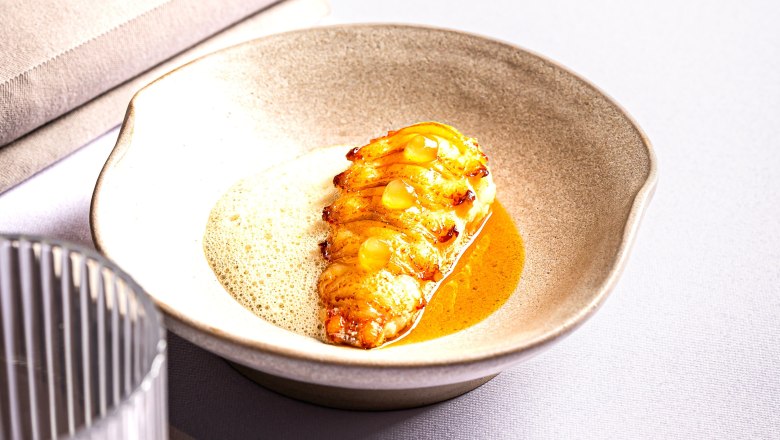 Lobster, © Claus Kadrnoschka An artfully prepared dish in a bowl with foam and sauce.