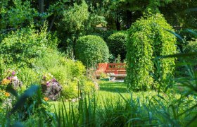 Rosenbauch's restaurant garden, © Karl Rosenbauch A green garden with a red bench, surrounded by bushes and flowers.