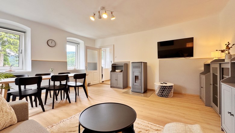 Living/dining area, © Christoph Menhofer Modern living/dining area with dining table, chairs, sofa, TV and fireplace.