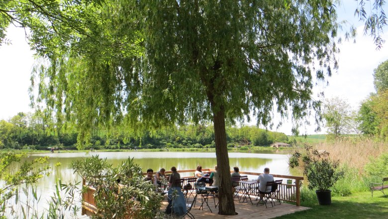 Terrace by the pond, © Urani People sit on a terrace by a pond under a tree.