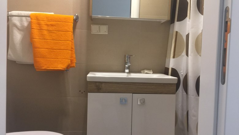 Bathroom, Privatzimmer Jarosch, Tulln, © Familie Jarosch Small bathroom with washbasin, mirror, shower curtain and towels.