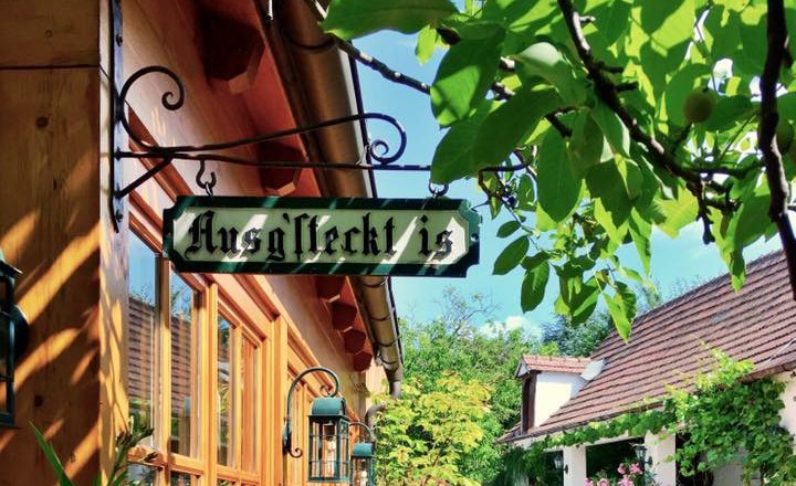 Organic winery & wine tavern Hofschneider Mannersdorf, © Bio Weingut Hofschneider A cozy outdoor area of a wine tavern with wooden tables and flowering plants, shaded by trees.