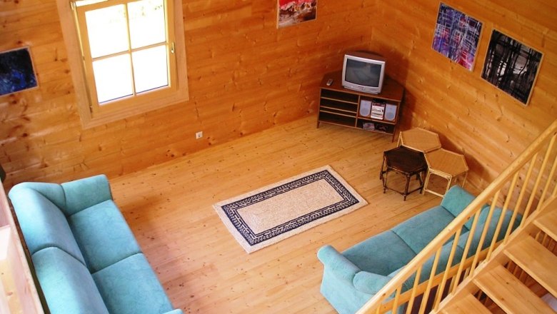 Living room, © Daniel Fries Wood-paneled living room with two green sofas, a small TV and a carpet on a wooden floor.