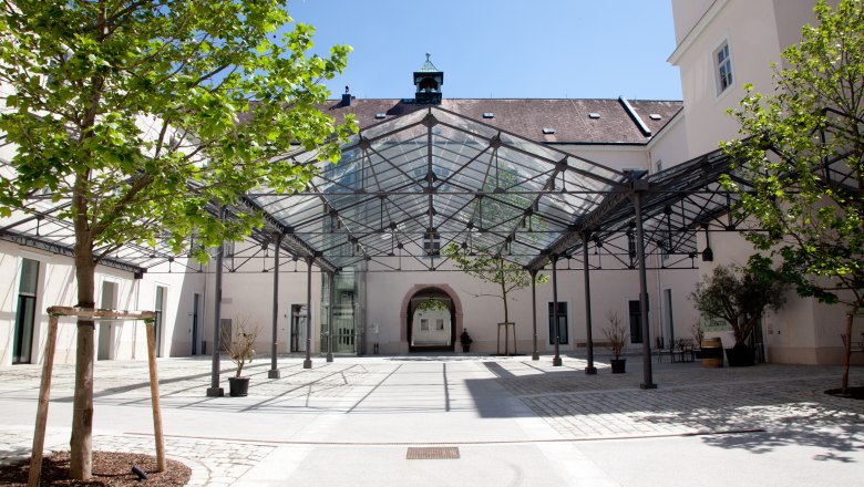 Inner courtyard, © Hotel Altes Kloster GmbH Inner courtyard with glass roof and trees, surrounded by buildings.