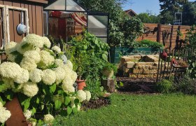 Vegetable garden, © Susanne Bleier A vegetable garden with a greenhouse, white hydrangeas and raised stone beds.