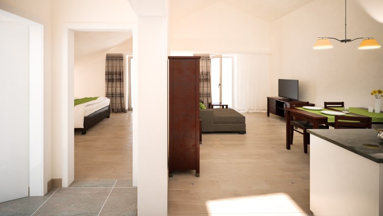 Animation Top 14, © Mattone GmbH Interior view of a modern apartment with living room, dining area and bedroom.