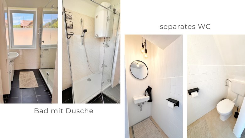 Sanitary, © Christoph Menhofer Collage of bathroom and separate WC with shower, washbasin and toilet.