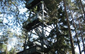 Nordwald tower on the Schwarzenberg, © Naturpark Nordwald Wooden tower in the forest with several platforms and stairs.