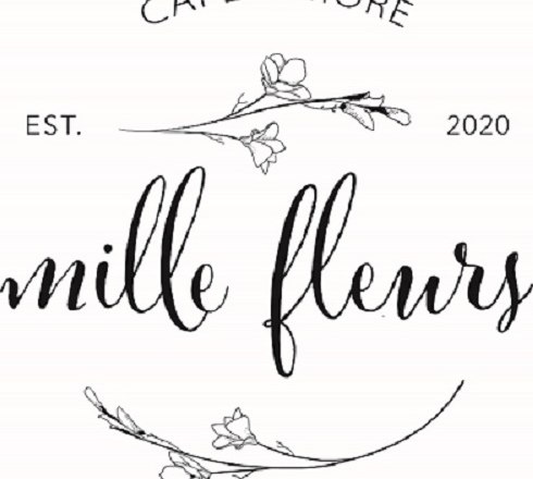 The best time-out of the day, © Mille Fleurs Logo of 'mille fleurs' with floral decorations and the text 'Café & More, Est. 2020'.