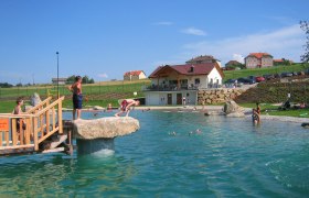 Nöchling bathing pond, © Nöchling Children playing at a swimming pond with a jetty and rocks, a building and cars in the background.