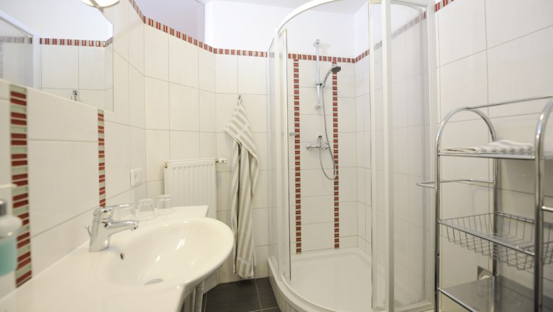 Vacation apartment Herbst, © Steve Haider Modern bathroom with shower and washbasin.