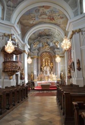 Church inside, © Marktgemeinde Hoheneich Interior view of a baroque church with altar, pulpit and chandeliers.