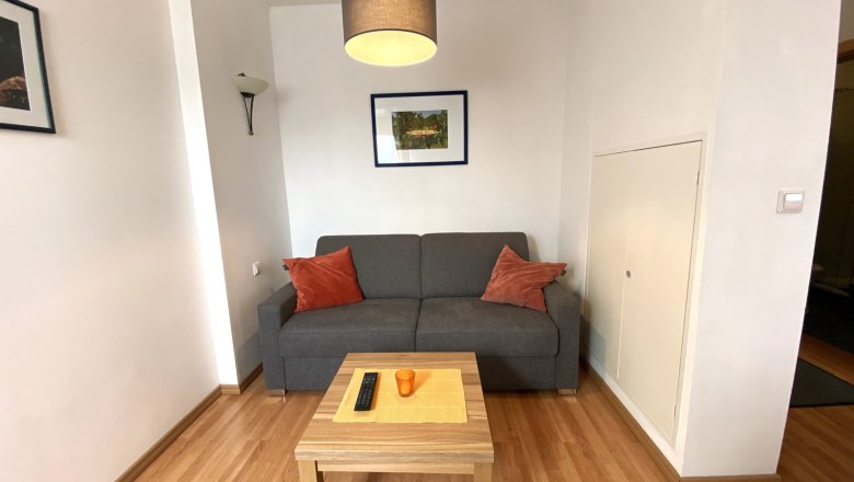 Vacation apartment Marille, © Trachsler Living room with gray sofa, wooden table and murals.