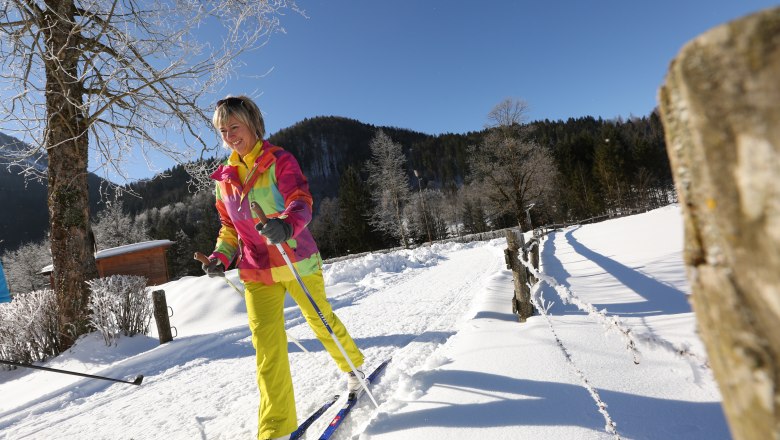 Cross-country skiing on the Seeauloipe Lunz, © Tourismusverein Lunz am See A woman cross-country skiing on a snow-covered trail with a blue sky in the background.