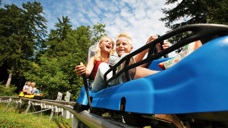 Eibl-Jet, © Doris Schwarz König Two children laugh as they ride through a forest in a blue summer toboggan car.
