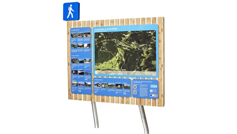 Hiking starting point, © Wiener Alpen, Foto: Bene Croy Hiking trail information sign with map and photos.