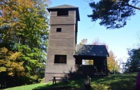 Jelinekwarte, © schwarz-koenig.at Wooden tower in the forest with blue sky.