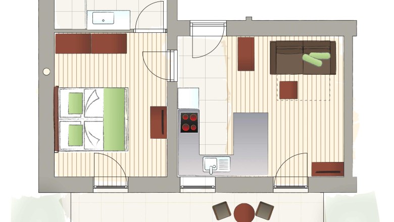 Floor plan top 4, © Mattone GmbH Floor plan of an apartment with bedroom, bathroom, kitchen and living room.